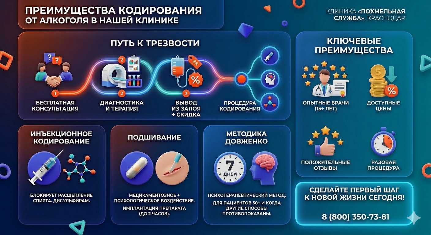 Инфографика о методах кодирования от алкоголя в Чишмах: инъекции, подшивание, метод Довженко. Преимущества клиники и этапы лечения.